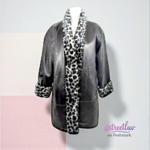 Atlantic Beach Faux Leather Leopard Trim Coat – Size 1X